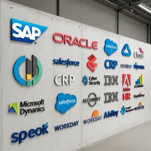 Enterprise software logos on wall