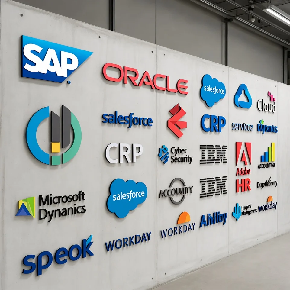 Enterprise software logos on wall